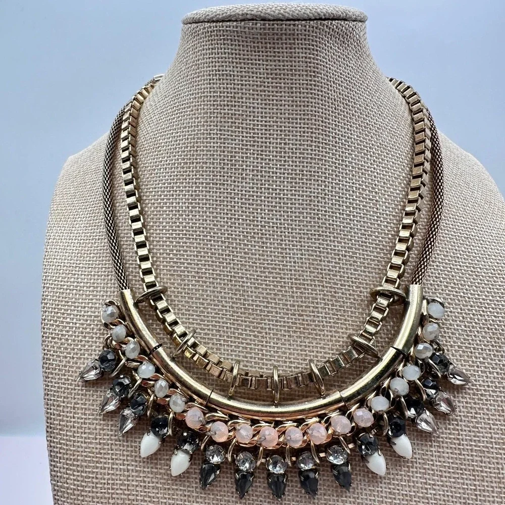 Vintage 90s Express Gold Tone Rhinestone Bib Necklace Statement‎ Fashion Jewelry